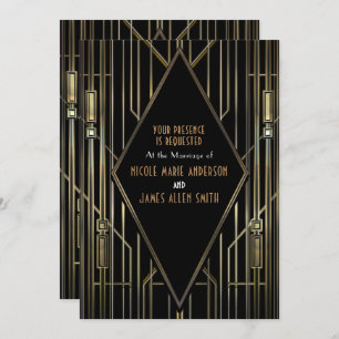 Convite Arte Dourada 20 e Deco Gatsby Glam Wedding