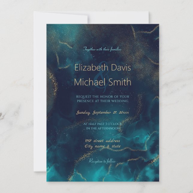 Convite Arte Dourada a álcool Azul Profundo Mar Azul (Frente)