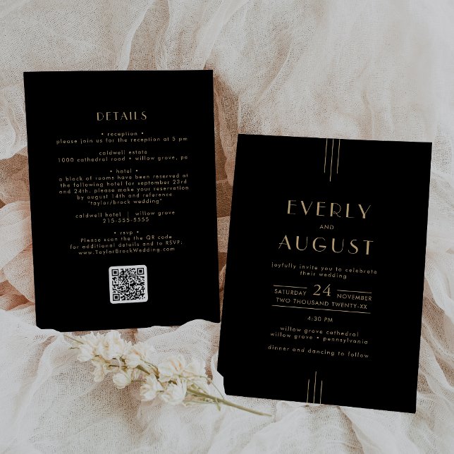 Convite Arte Elegante Deco Preto Código QR Dourado Casamen (EVERLY Elegant Art Deco Black Gold QR Code Wedding Invitation)