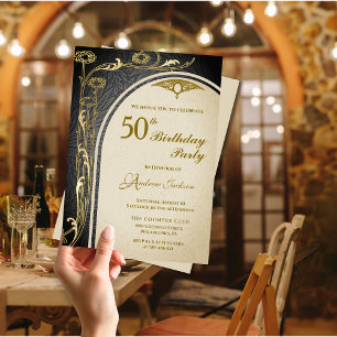 Convite Arte elegante Nouveau Negro e Dourado Aniversário