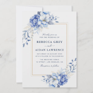 Convite Arte em Aquarela com Flores em Azul Desbotado e Bo