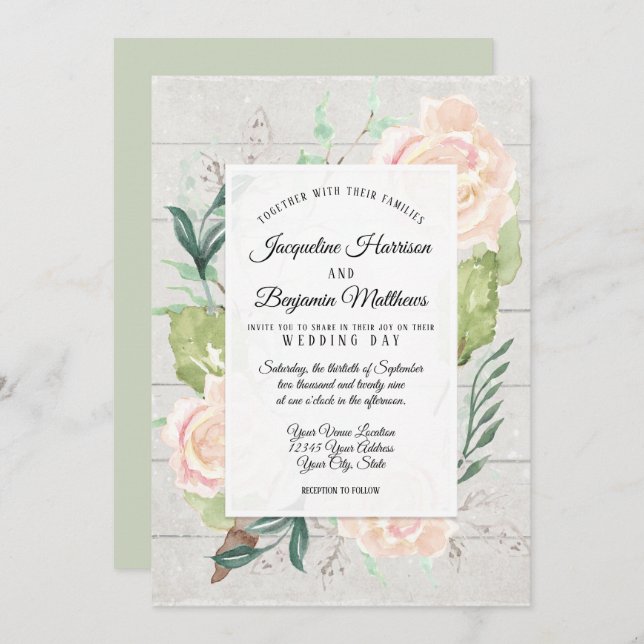 Convite Arte em Aquarela Floral de Madeira Rustic Bloom Ro (Frente/Verso)