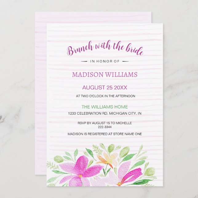 Convite Arte Floral de Aquarela Rosa-Rosa-Rosa (Frente/Verso)