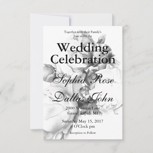 Convite Arte floral elegante de cor branca-preta (Frente)