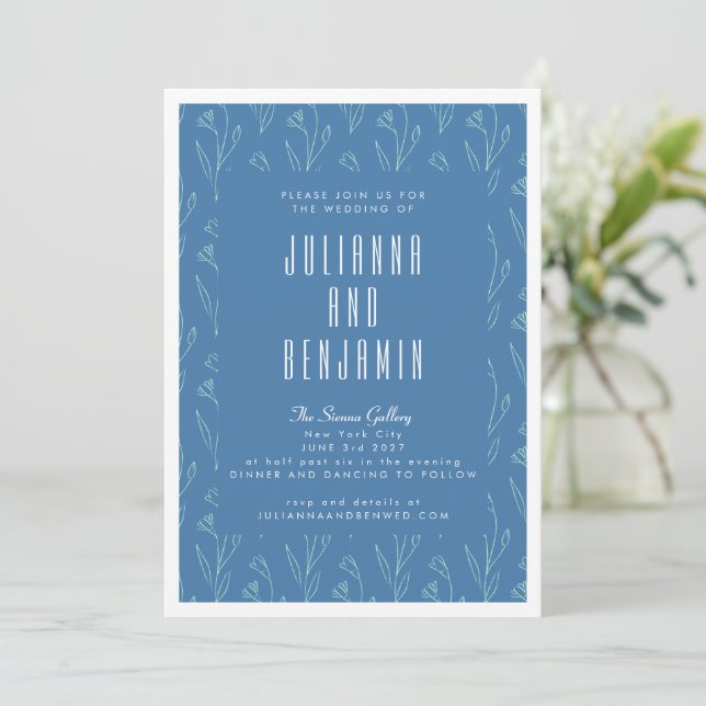 Convite Arte Floral Modern Boho Desenho Casamento Azul (Em pé/Frente)