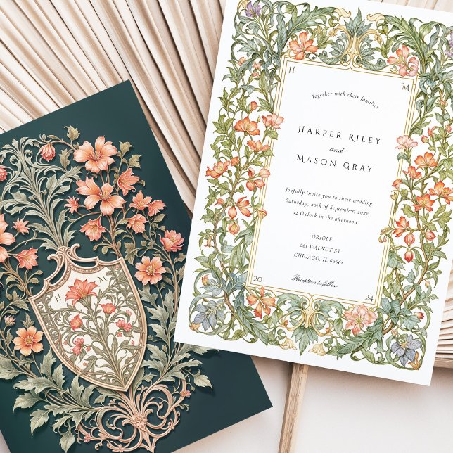 Convite Arte Floral Nouveau Casamento Bougainvillea Shield (Criador carregado)