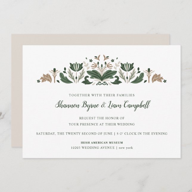 Convite Arte Folclórica Irlandesa | Casamento Celta Floral (Frente/Verso)