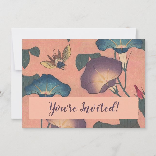 Convite Arte Hokusai Clássica de Flor Rosa (Frente)