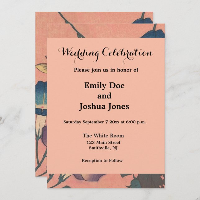 Convite Arte Hokusai Clássica de Flor Rosa (Frente/Verso)