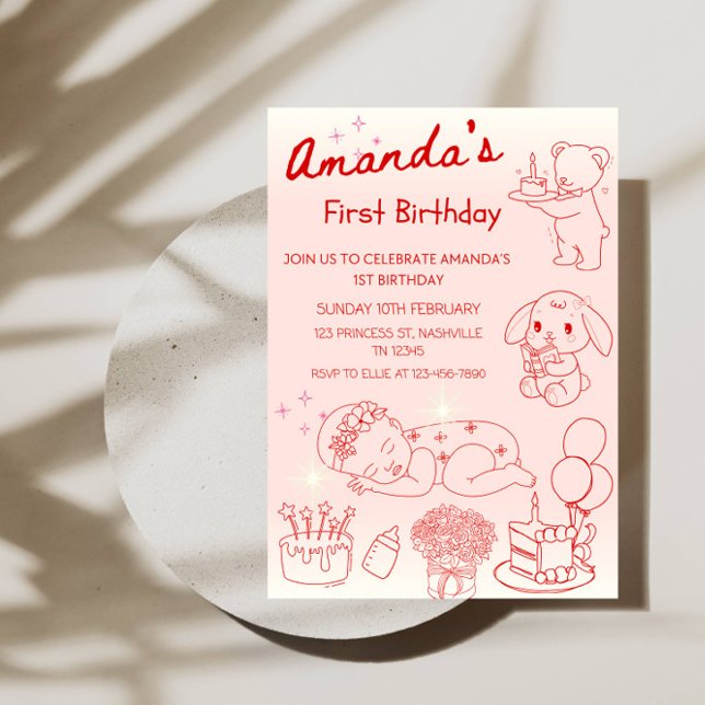 Convite Arte Linear de Aniversário da Menina 1º Aniversári (Criador carregado)