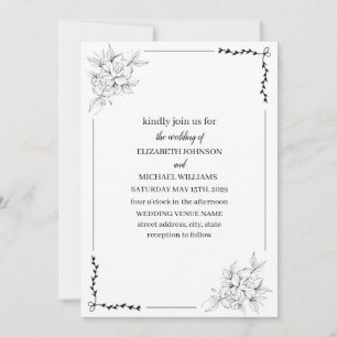 Convite Arte Linear Floral Elegante Casamento Minimalista