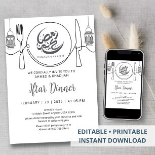 Convite Arte Minimalista de Uma Linha para Jantar de Iftar