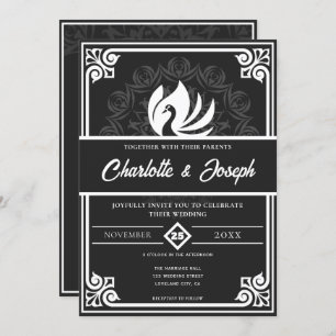 Convite Arte Moderna Deco Swan Casamento Branco e Negro