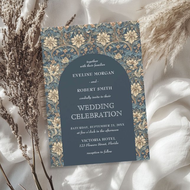 Convite Arte Nouveau floral de marfim azul pastel com muda (Modern muted pastel blue ivory floral Art Nouveau Invitation)