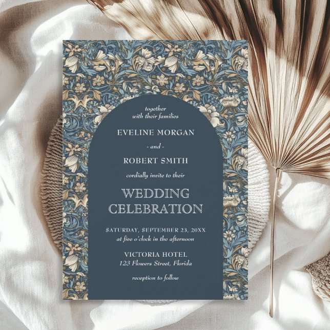 Convite Arte Nouveau, floral de marfim azul pastel moderno (Modern Dark pastel blue ivory floral Art Nouveau Invitation)
