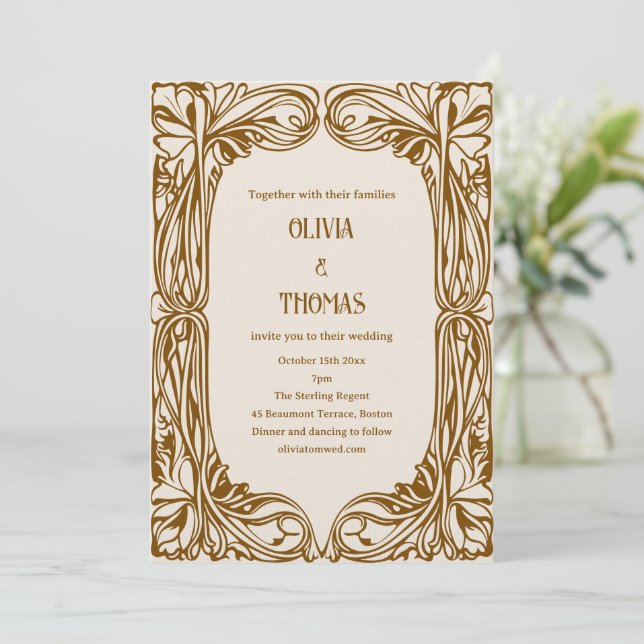 Convite Arte Nova Antiga Casamento Marrom Ornate  (Em pé/Frente)