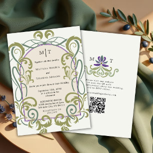 Convite Arte Nova Antiga Elegante Código QR Floral Casamen