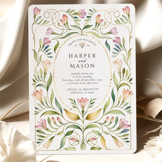 Convite Arte Nova Fantasia Freesias Boda Dourada (Criador carregado)