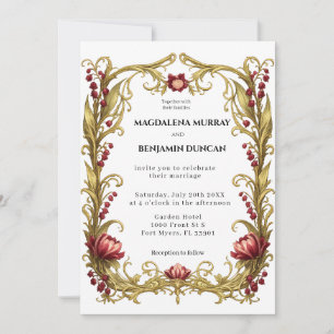 Convite Arte Nova Moldura Floral Dourada Casamento Românti