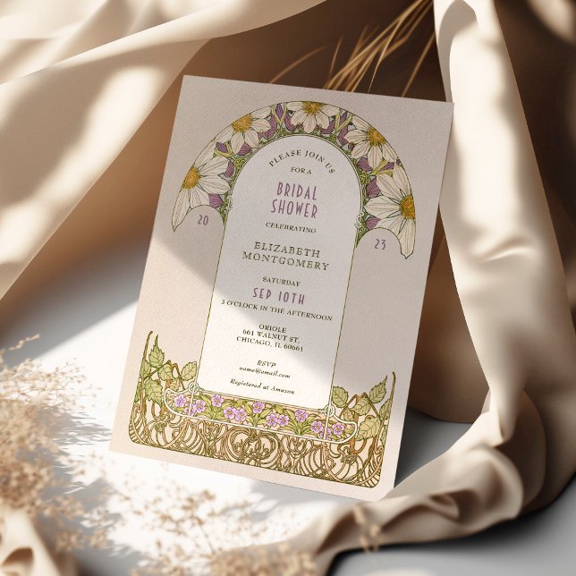 Convite Arte Nova para Chá de Noiva com Margaridas Lavanda (Criador carregado)