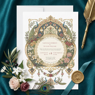 Convite Arte Novo Islâmica Vintage Pavão Casamento Muçulma