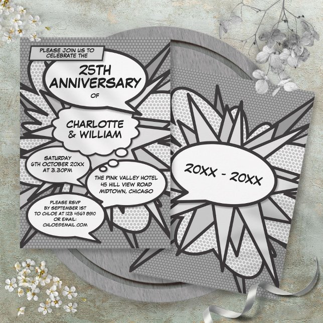 Convite Arte Pop de Revista em Quadrinhos do 25º Aniversár (25th Silver Wedding Anniversary Comic Book Pop Art Invitation)