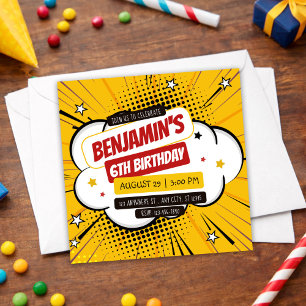 Convite Arte Pop Infantil de Super-Herói Quadrinhos Laranj