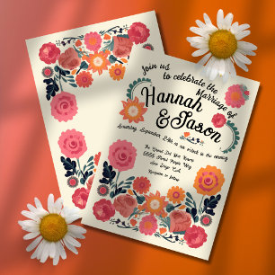 Convite Arte Popular Colorido Retro Floral Casamento