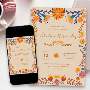 Convite Arte Popular Floral Mexicano Quinceanera