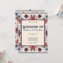 Arte popular floral vermelho, branco e azul