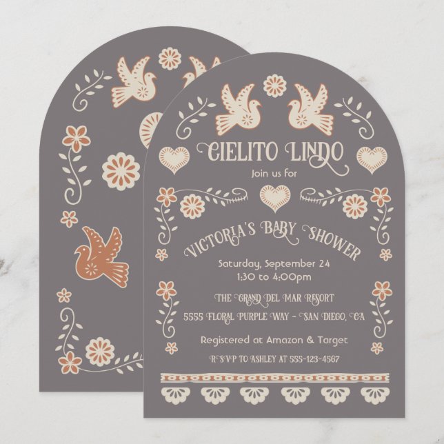 Convite Arte popular mexicana Arco do Chá de fraldas Cieli (Frente/Verso)