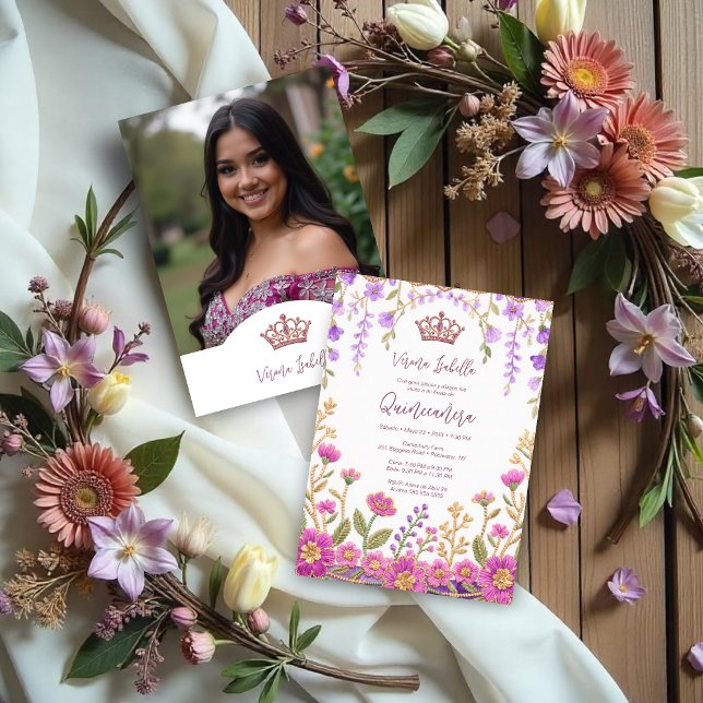Convite Arte Popular Rosa % Lilás Espanhol Mexicano XVs Fl (Folk Art Pink & Lilac Shades Spanish Mexican XVs Floral Border Embroidery Style Quinceañera Cards.)