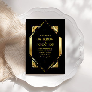 Convite Arte Preto e Dourado Deco Foto de Casamento Dourad