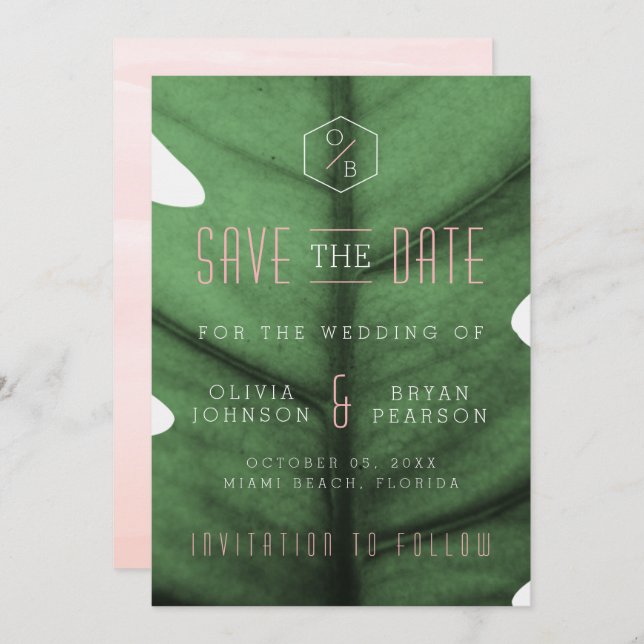 Convite Arte Tropical Folha Deco Inspirou Salvar a Data (Frente/Verso)