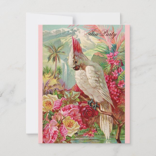 Convite Arte Vintage do Rosa vermelha e Cockatoo (Frente)