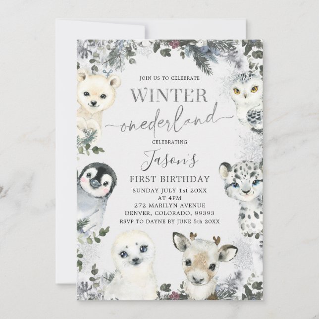 Convite Ártico Animal Winter Onederland Primeiro Aniversár (Frente)