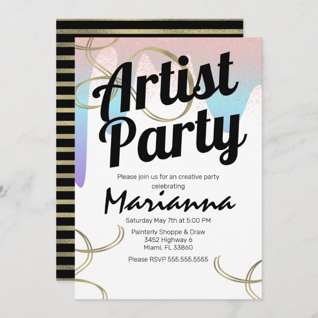 Convite Artista Faux Foil Sparkle Art Aniversário (Frente/Verso)