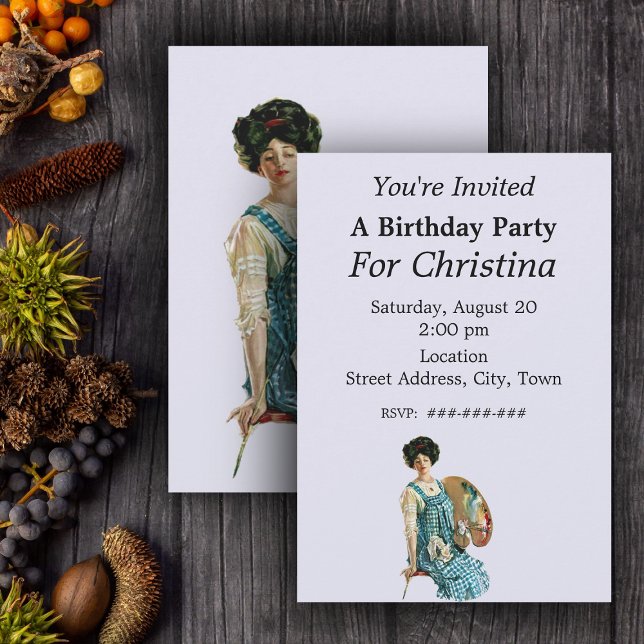 Convite Artista Vitoriano Lady Painter Palette Aniversário (Victorian era artist lady with paint pallette on light blue birthday party invitations.)