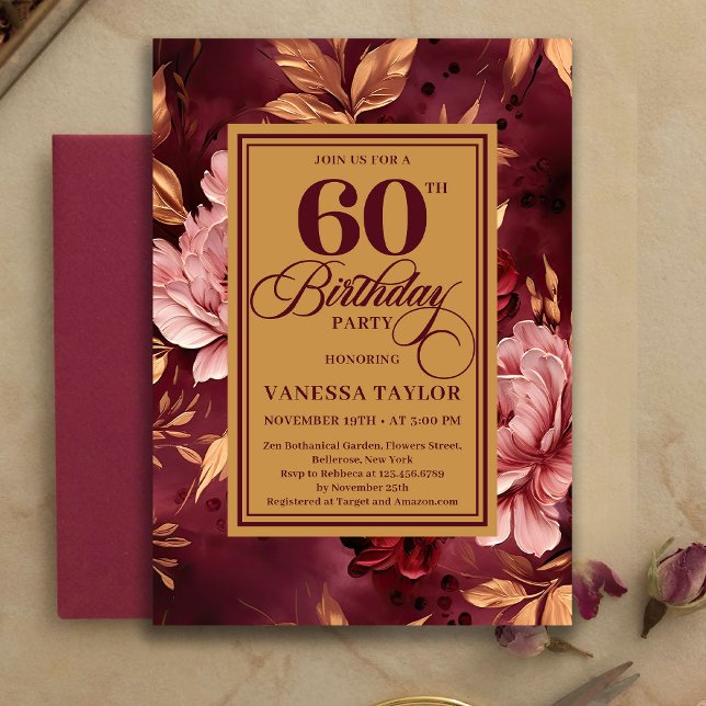 Convite Artistic 60th Birthday Burgundy Blush Bohemian  (Artistic 60th Birthday Burgundy Blush Bohemian Invitation)