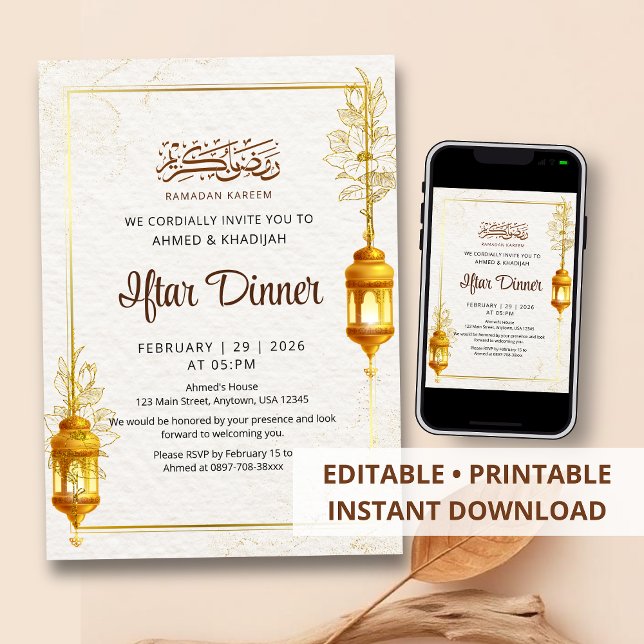 Convite Artistic Gold Floral Ramadan Iftar Dinner (Criador carregado)