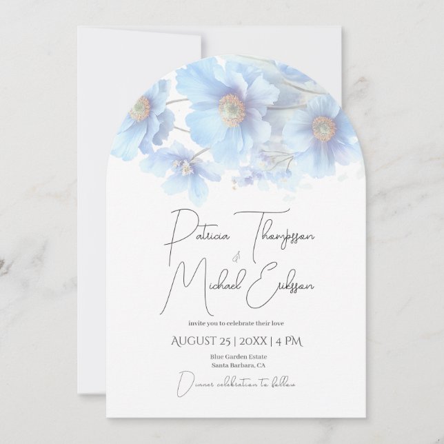 Convite Artistic Handwritten Blue Himalayan Poppy Wedding  (Frente)