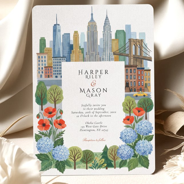 Convite Artistic NYC Skyline Blue Hydrangea Red Poppy Wedd (Criador carregado)