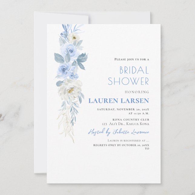 Convite ArtsApp H2 Rosas azuis empoeirados Folhagem verde (Frente)