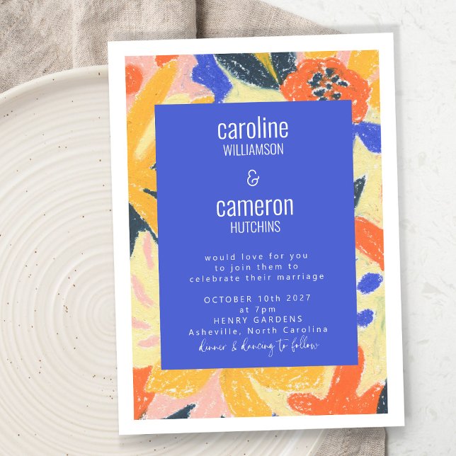Convite Artsy Abstrato Blue e Yellow Botanical Wedding (Criador carregado)