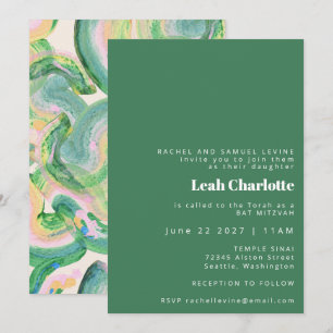 Convite Artsy Abstrato Verde Bat Bar Mitzvah Aquarela