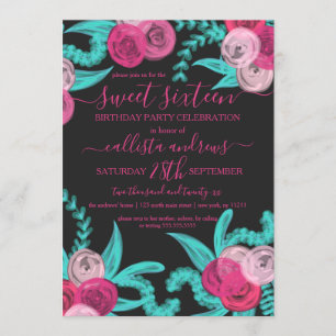 Convite Artsy Bright Neon Pink Teal Flowers Sweet 16