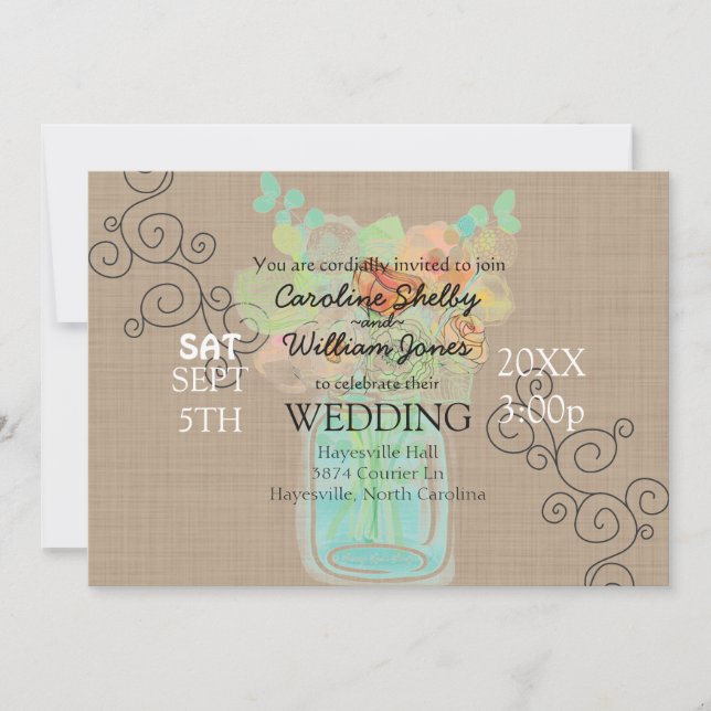 Convite Artsy Watercolor Mason Jar Wedding (Frente)