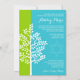 Convite Árvore Azul Verde Teal Bat Mitzvah