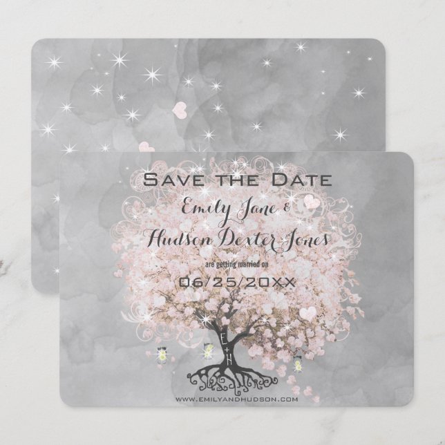 Convite Árvore com Folhas em Coração Rosa Save the Date (Frente/Verso)