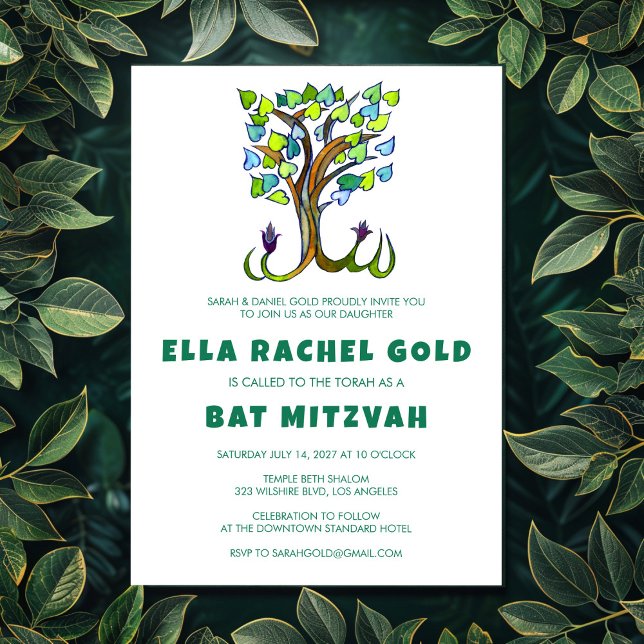 Convite Árvore da Vida do Bar Personalizado Bat Mitzvah (Tree of Life Watercolor Custom Bar Bat Mitzvah Invitation
)
